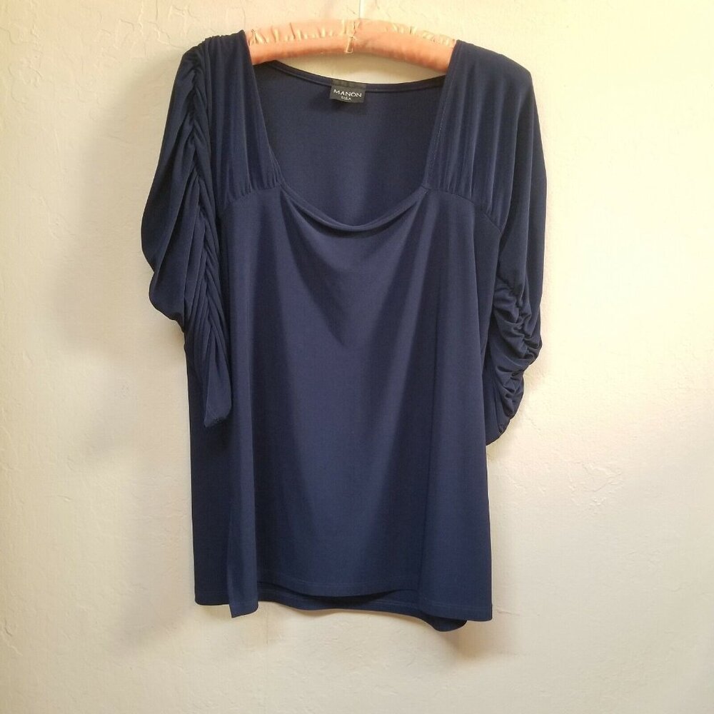 Manon U.S.A Womens Top Ruffled Long Sleeve Scoop Neck Pleated Blouse Black Large